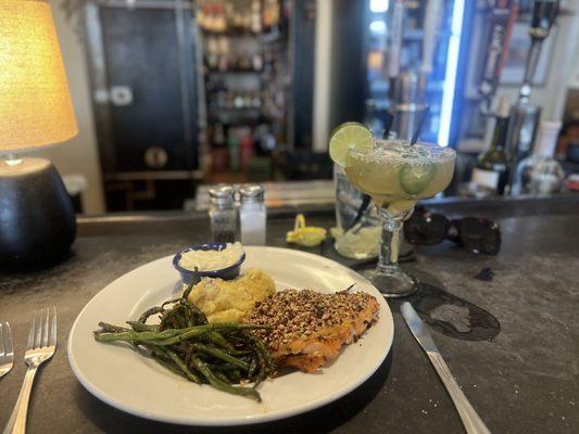 Pecan Salmon with a twist-  both pistachio & pecan encrusted... the jalepeno gravy on the side & sub basmati rice w/ house mash potatoes...