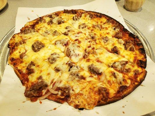 Medium; Thin Crust, Sausage and Onion pizza