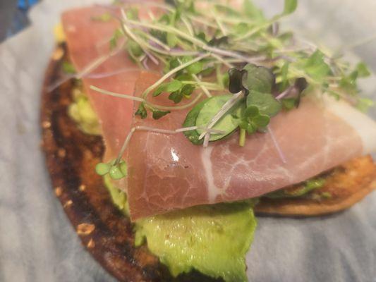 J-Avocado toast with micro greens and prosciutto