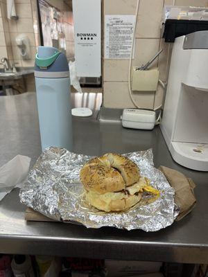 Taylor ham egg and cheese on an everything bagel