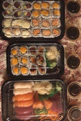 Party Platter take out for $45. 6 rolls, 6 sushi, 6 sashimi. There were lots of options for family that's afraid of raw fish.
