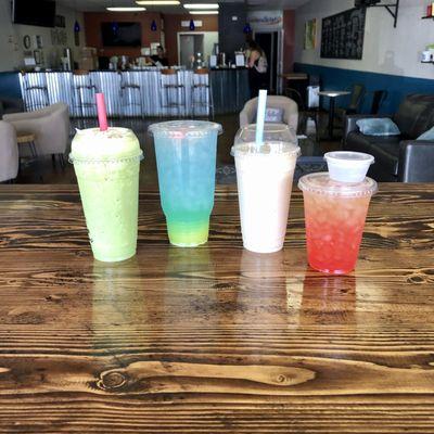 Green dream post workout protein shake, sour gummy bear energy drink, Elvis shake, watermelon tea with mango aloe