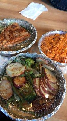 Grilled salmon Spanish rice and vegetables (potatoes broccoli string beans & onions)