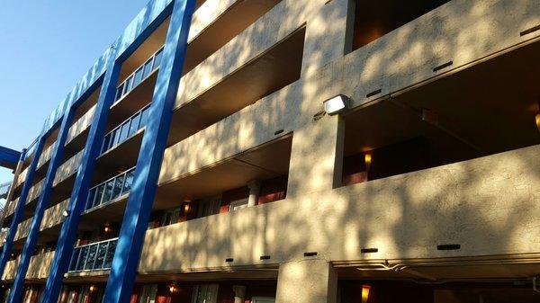 Hotel rear is right next to train tracks, which run 24 hours. They honk their treason horns EVERY time they pass.