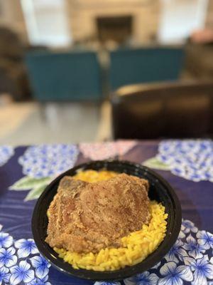 Pork Chop $5.00 Bowl with Mac & Cheese and Yellow Rice