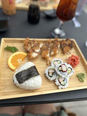 Sushi rolls, chicken katsu, beef, ahi tuna