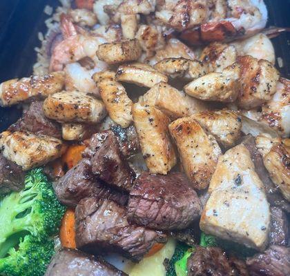 Steak, Chicken, & Lobster, Fried Rice & Veggies