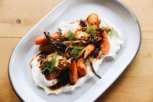 Roasted root vegetables- one of our many seasonal vegetarian menu items