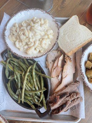 2 meat combo with family sized Mac & cheese, large green beans, family sized okra
