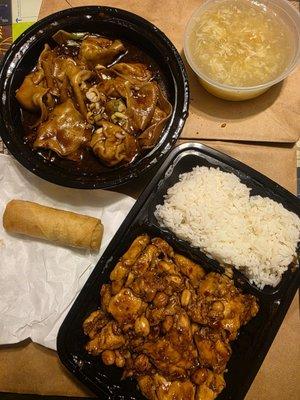 Szechuan Dumplings top left, small side of egg drop soup in top right, veggie egg roll, & Kung pao chicken w/steamed rice, $24 before tip.