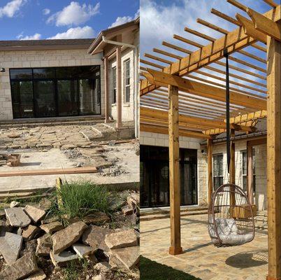 Here's a look at one of the many flagstone patios and pergolas Compass Landscaping LLC has installed.