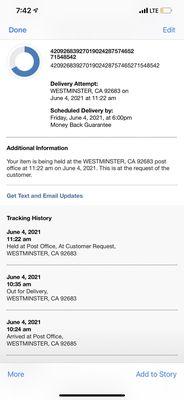 Customer request to be held at the post office