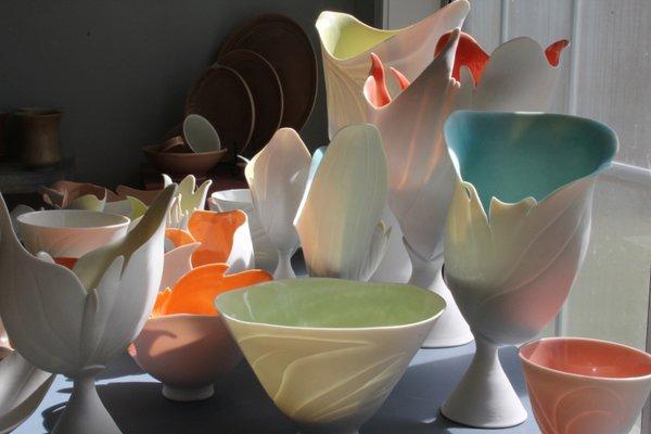 Translucent porcelain sculptures during a typical Mississippi sunset in Antoinette's porcelain showroom.