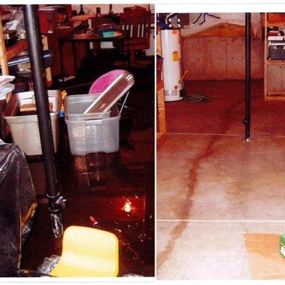 Standing water in basement after storm, pre and post mitigation.