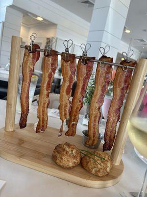 Thick-cut, hanging smoked bacon