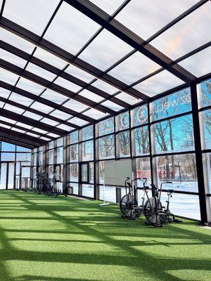 Best part of the gym - these ceiling panels open up during nice weather and the windows face the Monon