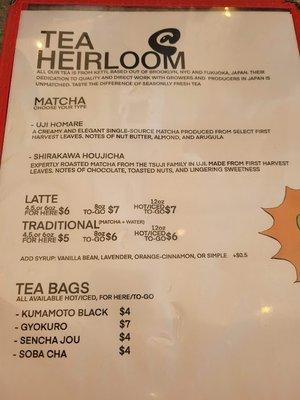 Tea menu