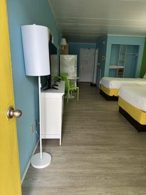 2 new full size comfortable beds, closet, table & 2 chairs