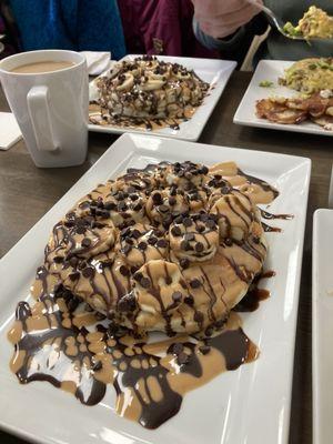 Malt peanut butter chocolate banana pancakes. Wow