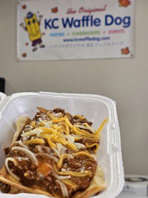 Chili cheese Waffle Dog! Yummy!