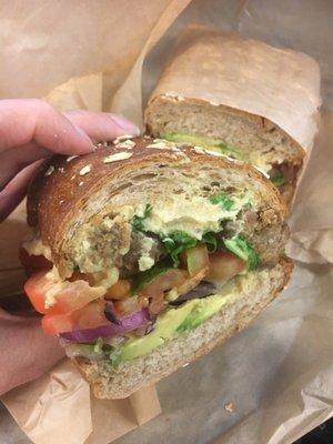 Hummus avocado with veggie balls. Sub French for wheat bread. Delicious