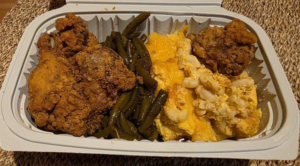 Wings, string beans and macaroni and cheese