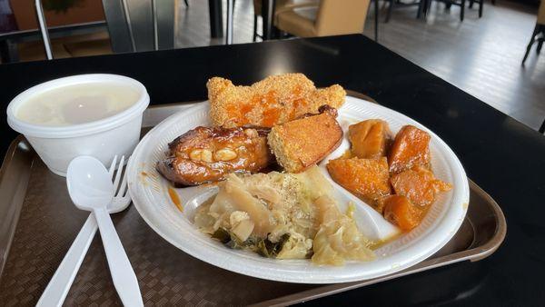 The big plate, with: catfish, rib bone, sweet potato cornbread, cabbage, and candied yams.