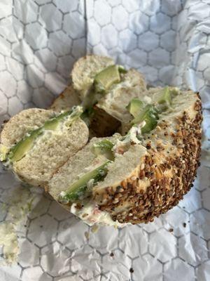 everything bagel toasted with veggie cream cheese & avocado