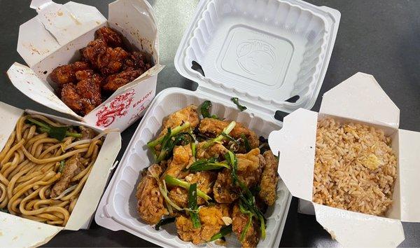 Salt Pepper Wings, Orange Chicken, Beef Noodle, and Fried Rice