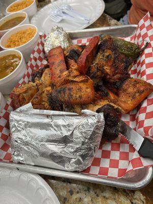 Whole chicken, Mexican sausage, onion (in foil), tortillas, rice, beans, avacado and grilled jalapeno.