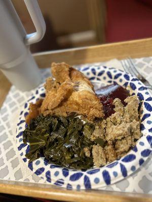 My husband just stopped by Mr b's soul and I got the fried chicken, greens , and dressing delicious