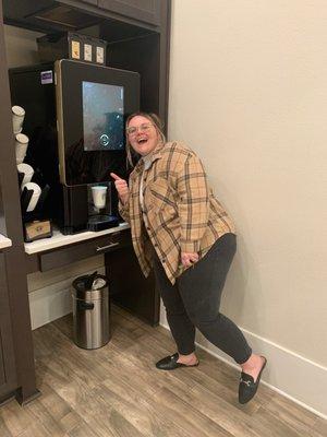 Coffee machine and of the amazing staff Megan ( thats not her name thats a nickname i gave her  because i didn't know her name)