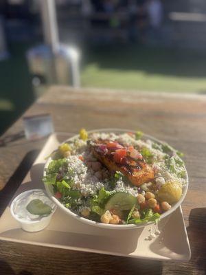 Salmon Plate was yummy and the outside seating was comfy