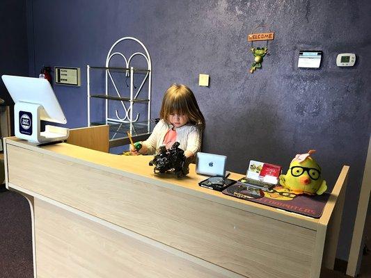 Faye acting as receptionist
