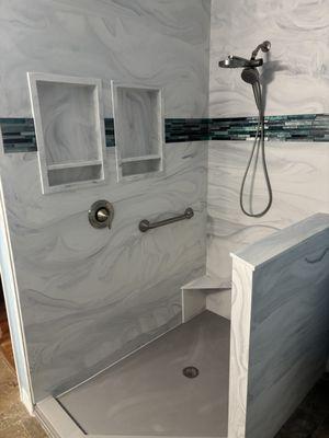 Prior to glass installation. Thank goodness we added Jettastone to the outside of the knee wall instead of painted drywall.