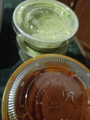 Plenty of Salsa Verde (mild/medium spice) and Salsa Roja (spicy)
