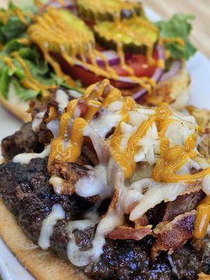 Close-up of the Primos Burger. A masterpiece presentation of culinary art. A burger never looked this good.