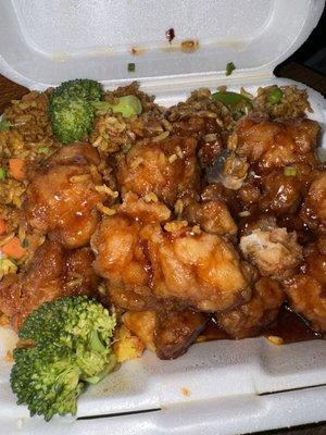 General TSO chicken with vegetables rice.