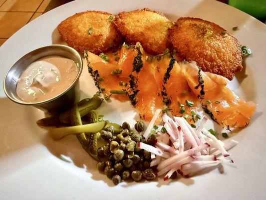 potato pancakes with house cured salmon
