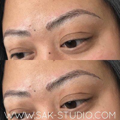 Right after 1st session. You can't even tell her Eyebrows are microbladed. The results are so beautiful and natural looking!