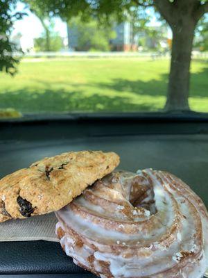 Gluten free chocolate cherry scone and classic cruller.