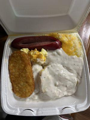 Breakfast platter with Cheese eggs, Cheese grits, Hot link with Biscuits and Gravy