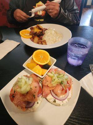 The Lox and Schmeer in front, the chicken and biscuits/gravy in the back