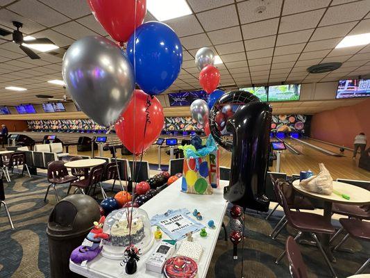 Bowling alley, space, tables for party