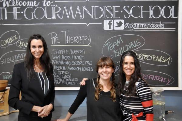 The co-founders of Pie Therapy LA- Stacie Cox, LCSW and Sara Barthol, LCSW with Clemence Gossett (the Parisienne Pastry Chef) in the middle