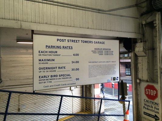 Geary St. entrance, right next door to Alcazar Theatre. We were charged $40 flat fee on a Saturday for our oversized vehicle (minivan)