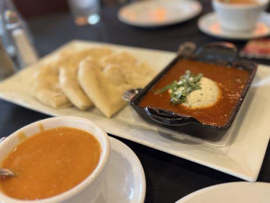 Lobster bisque, Baked goat cheese with flatbread