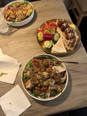 Falafel, hummus, chicken shawarma salad! Fresh pita! So so so good