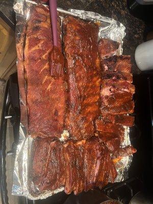 St. Louis style ribs using the Traeger 321 recipe. These are so tender they fall off the bone.