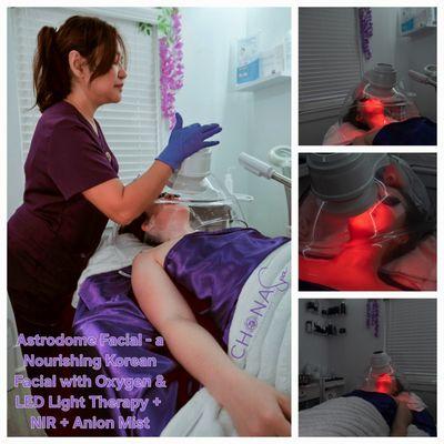 Astrodome Facial (ADF) with LED Light and Oxygen Therapies, which uses light pulsed energy, Near-Infrared Light (NIR), and anion mist.